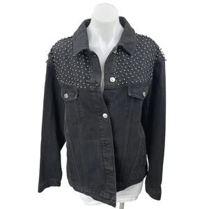 Topshop Black Rhinestone Embellished Button Denim Jeans Moto Coat Jacket Size 10